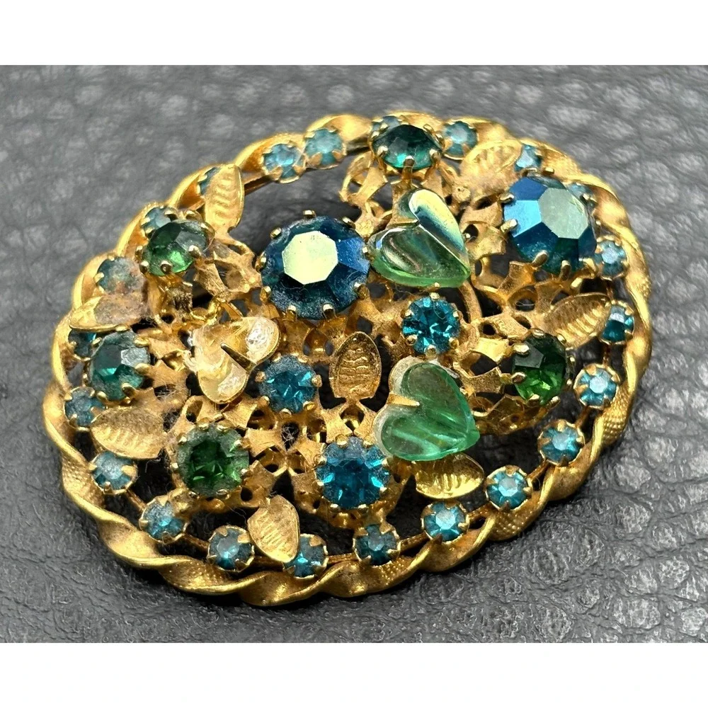 VTG Austria Gold Tone Filigree Brooch Blue Green Heart Rhinestone Pin READ